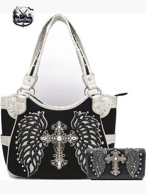 Western Style Laser Cut Studded Vegan Leather Shoulder Bag with Wallet Set